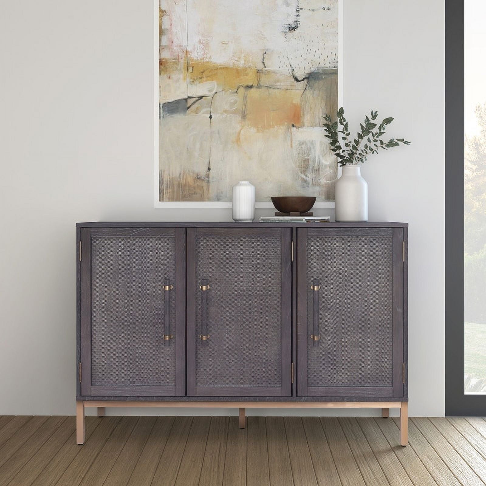 Sophia Antique Black 51'' Wood and Rattan 3-Door Cabinet