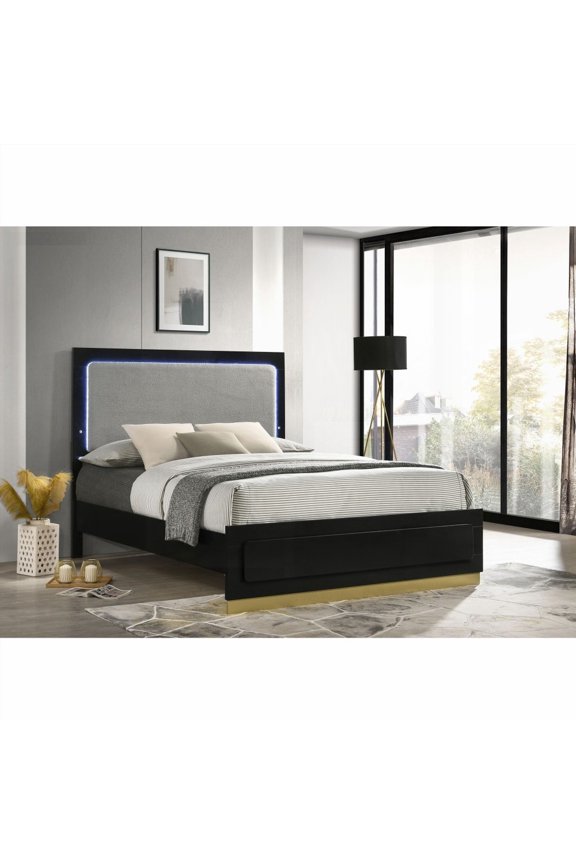 The Sophia Black Wood Queen Bed - Modern Lines, High Headboard & LED Illumination