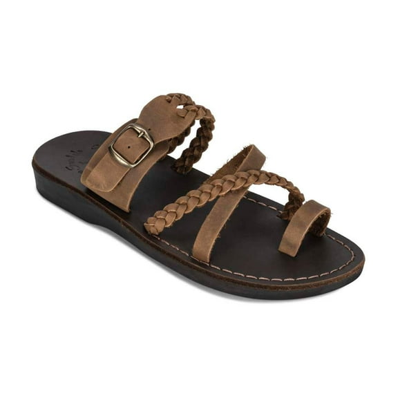 Sophia Buckle - Leather Braided Slide Sandal | Oiled Brown