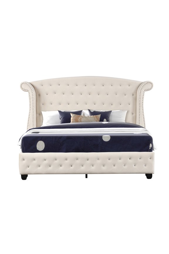 Sophia Cream Queen Upholstered Bed Frame with Crystal Tufted Headboard, Modern Velvet Platform Bed, No Box Spring Needed