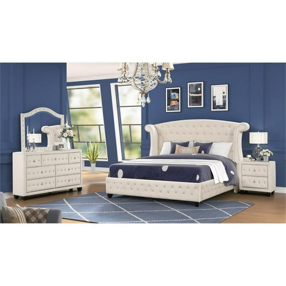Sophia Crystal Tufted 4PC Full Bedroom Set in Cream made with Wood