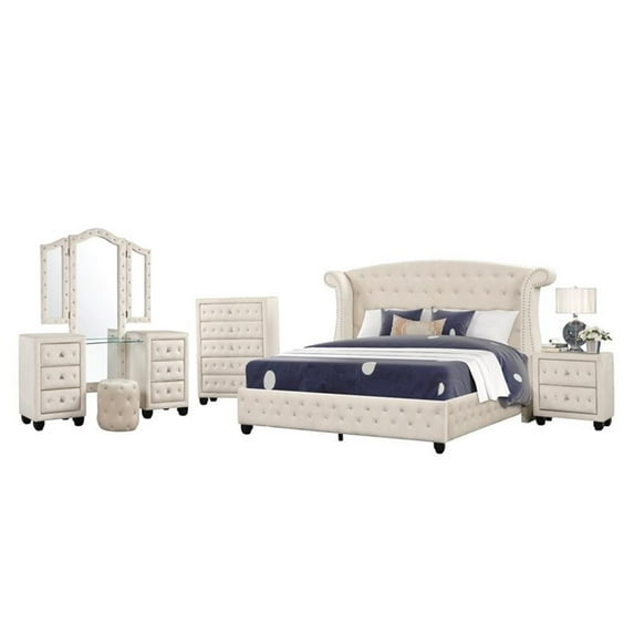 Sophia Crystal Tufted 5PC Vanity Queen Bedroom Set in Cream made with Wood