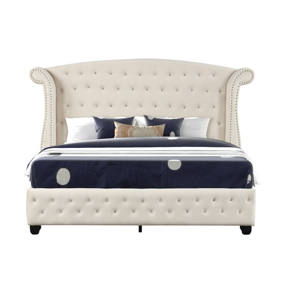Sophia Crystal Tufted Modern Style King Bed made with Wood in Cream
