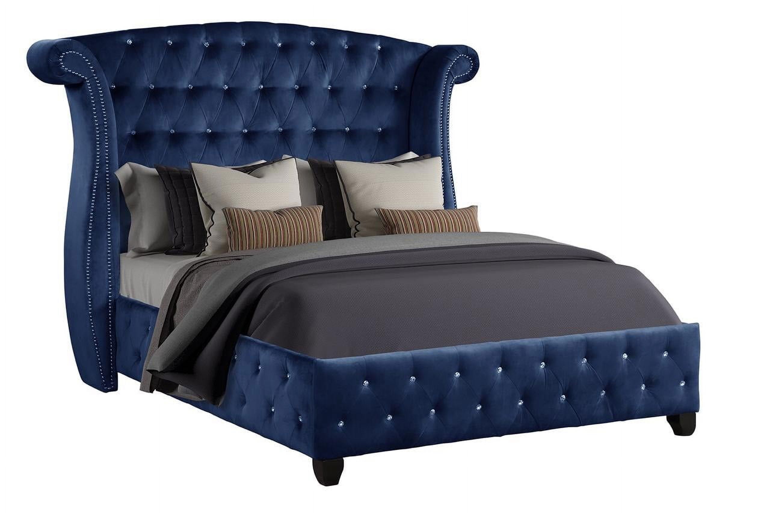 Sophia Crystal Tufted Queen Bed Blue Upholstered Wood Bed Frame