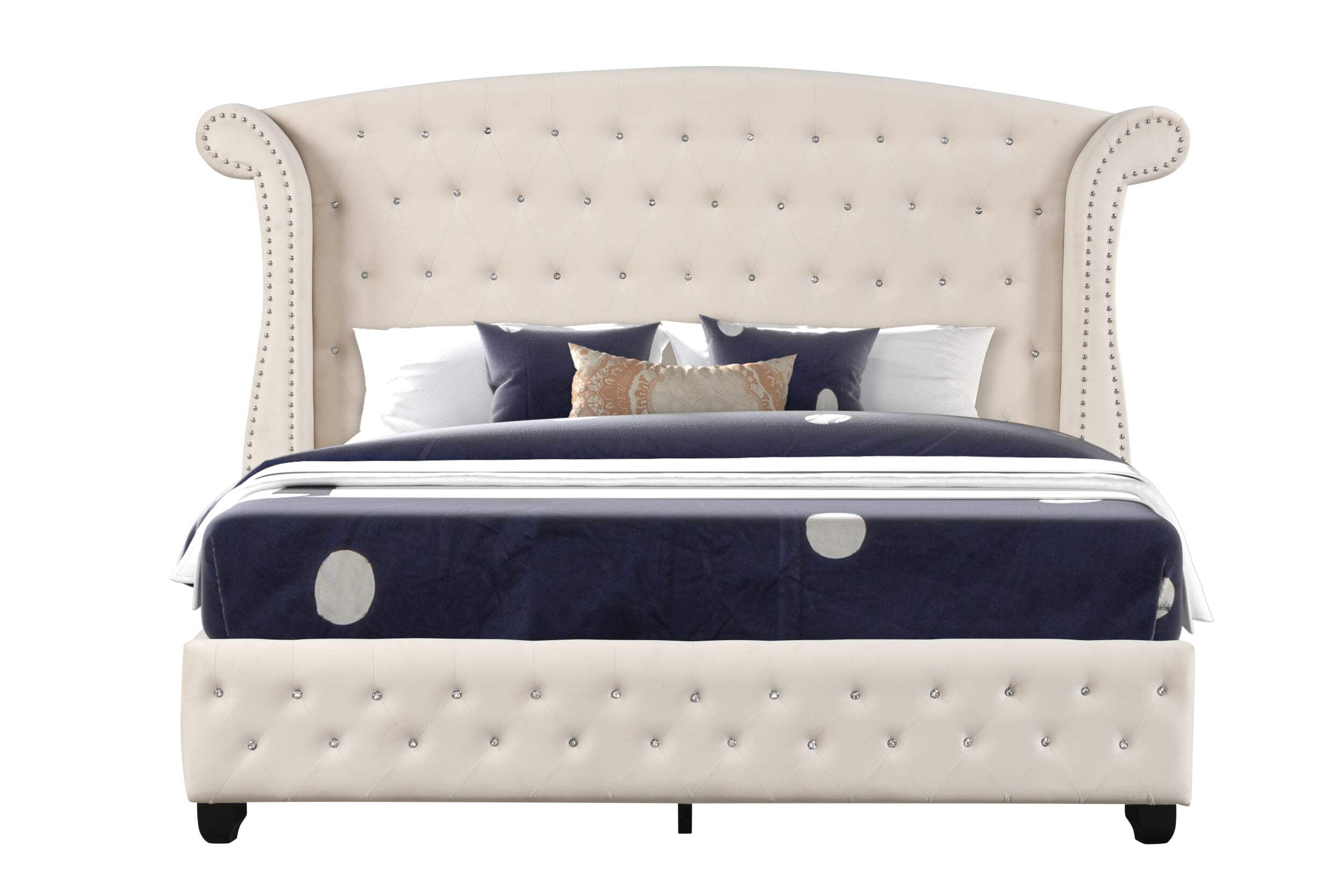 Eli Crystal Tufted Queen Bed With LED Headboard — Mirrored Inlays, Wood Frame, Black Velvet Upholstery