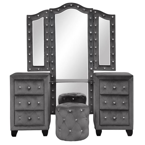 Sophia Crystal Tufted Vanity Set finished with Velvet Fabric / Wood in Gray