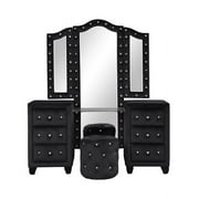 Sophia Crystal Tufted Vanity Set with Mirror and 6 Drawers, Modern Glam Makeup Vanity Made with Wood for Any Bedroom or Dressing Area, Black