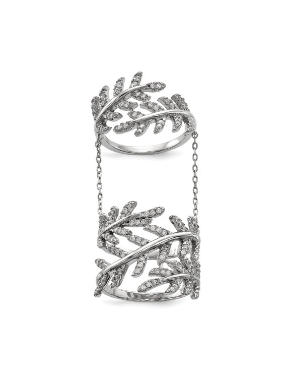 Cubic Zirconia Leaf Ring with Extender in Sterling Silver, Silver-Tone Finish
