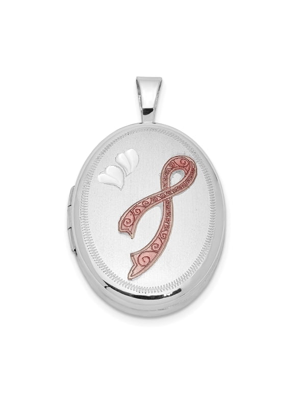 Enameled Pink Ribbon Oval Locket in Sterling Silver
