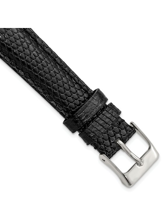 Genuine Lizard Leather Watch Band with Silver-Tone Buckle, Black, 16mm