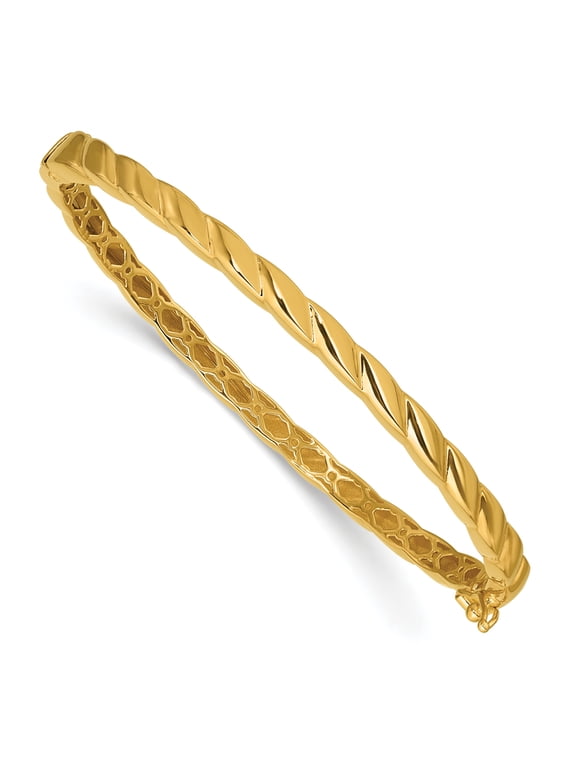 Grooved Hinged Bangle Bracelet in 14K Yellow Gold, 4mm