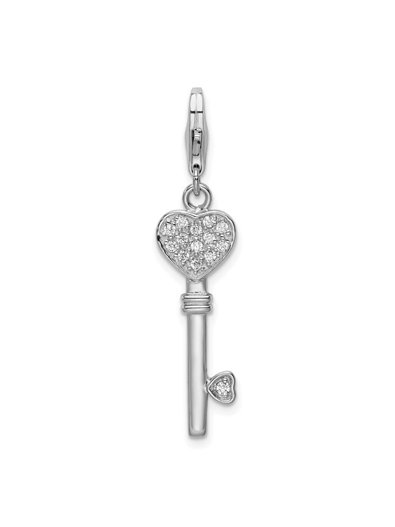 Heart Top Key Charm in Sterling Silver with Clear Cubic Zirconia