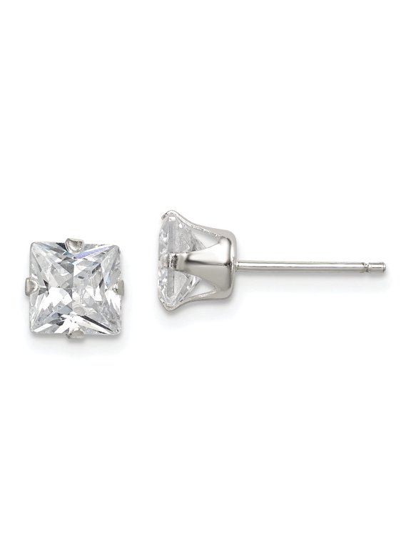 Princess Cubic Zirconia Snap-Set Stud Earrings in Sterling Silver, 6mm