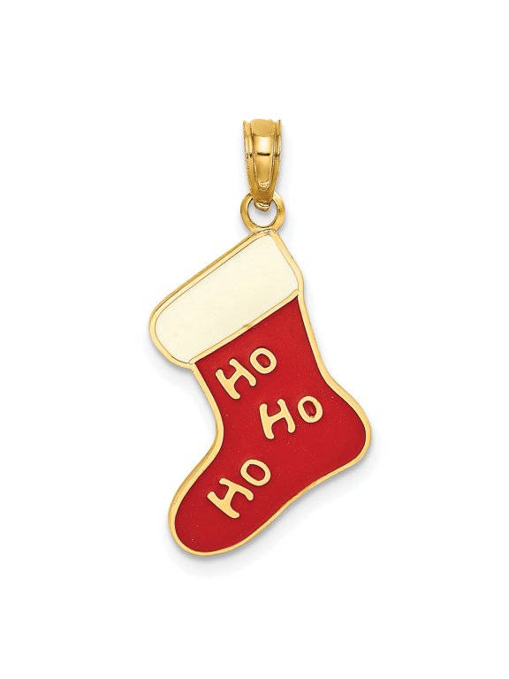Red & White Enamel Christmas Stocking Charm in 10K Yellow Gold