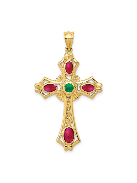 Ruby & Emerald Cabochon Cross Pendant in 14K Yellow Gold (1.2 carat tw.)