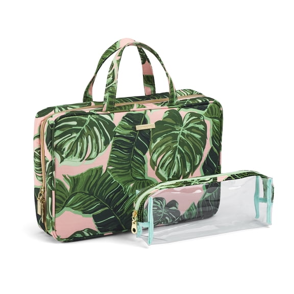 Sophia Joy 2-Piece Zip & Carry Weekender in Pink and Green Whimsy Palm Fashion with Removeable PVC Brush Pouch with Signature Gold Hardware