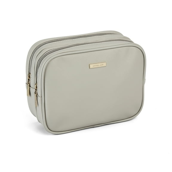 Sophia Joy Dual-Zipper Compartment Travel Makeup & Accessory Organizer in Neutral Beige with Lining and Signature Gold Hardware