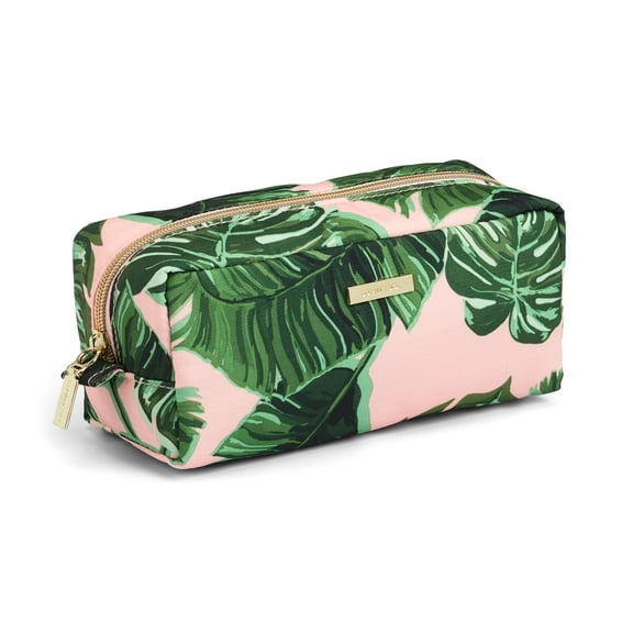 Sophia Joy Organizer for Makeup, Travel Toiletries, Hair Accessories, Lotions, & Jewelry in Pink & Green Whimsy Palm Fashion Pattern with Signature Gold Hardware