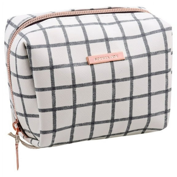 Sophia Joy Small Makeup Bag, Gray & White Checker Pattern, 12 oz Bag