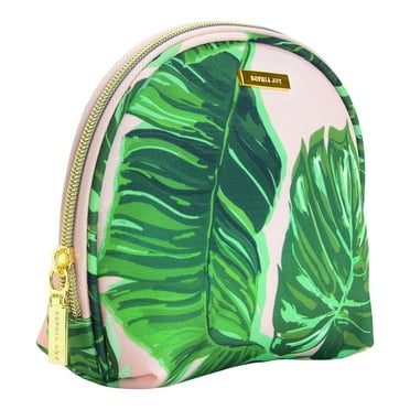 Sophia Joy Zippered Travel Makeup & Accessory Small Rounded Cosmetic Case in Pink & Green Whimsy Palm Fashion Pattern with Signature Gold Hardware