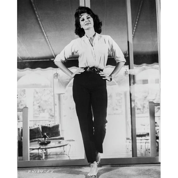 Sophia Loren wearing a Wrap Tunic Top and a Black Pants in a Portrait Photo Print (24 x 30)