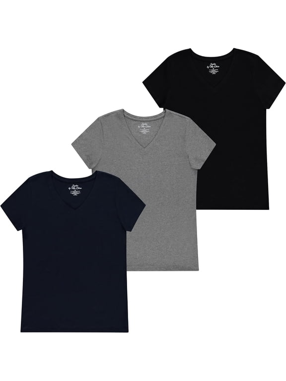 Women's Tailored Fit Short-Sleeve V-Neck T-Shirt, Pack of 3 Fashion Essential- Value Trio Versatile Styling Options for Professionals, Students and Moms Black. Navy, Charcoal