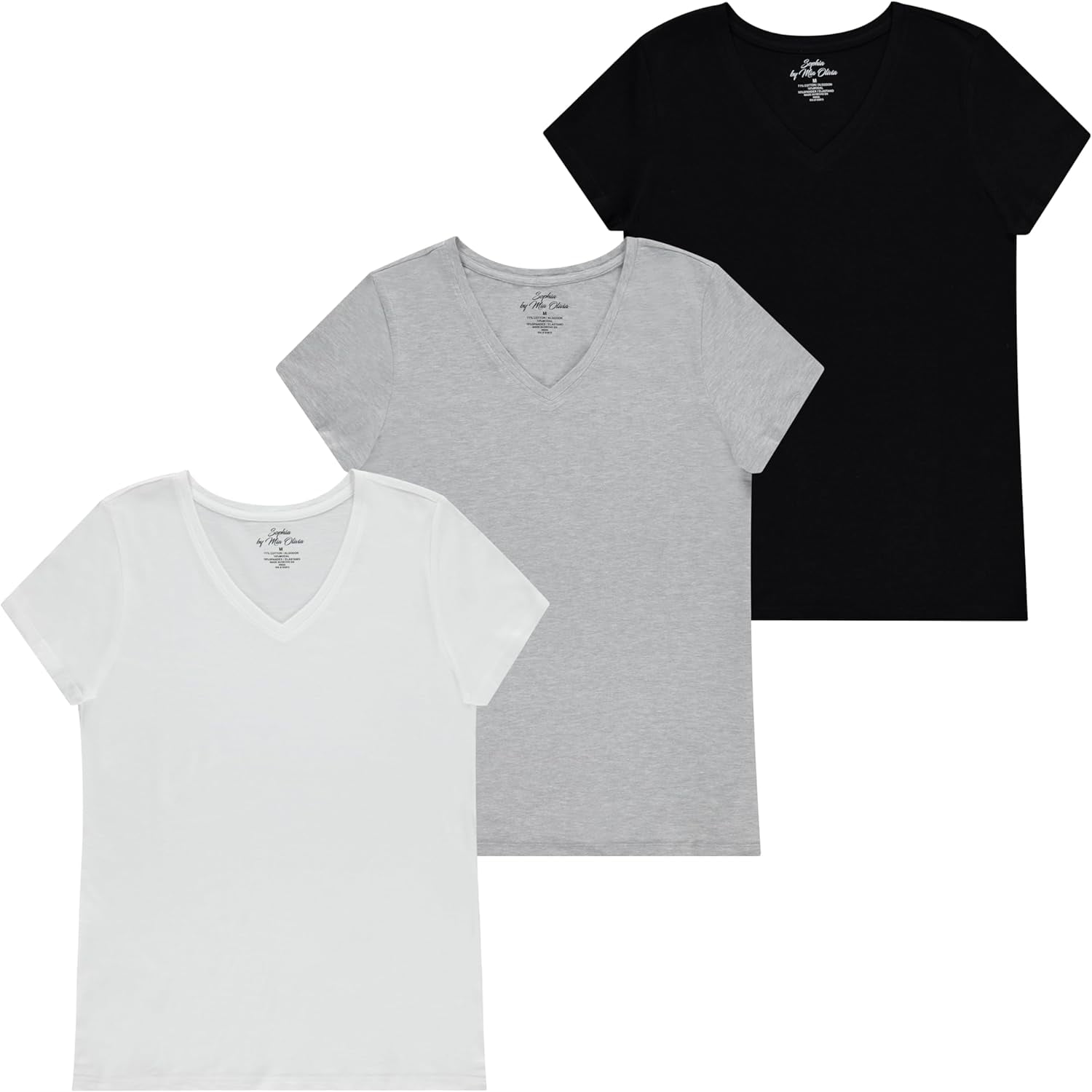 Women's Tailored Fit Short-Sleeve V-Neck T-Shirt, Pack of 3 Fashion Essential- Value Trio Versatile Styling Options for Professionals, Students and Moms. Black, White, Grey