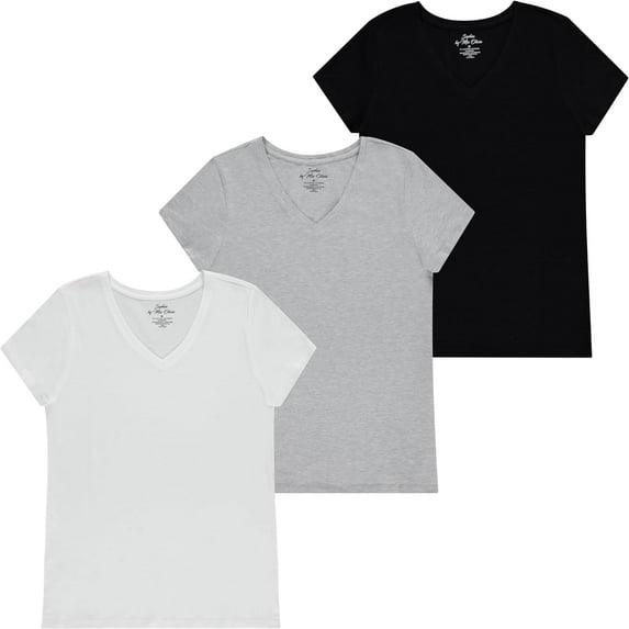 Sophia by Mia Olivia Women's Tailored Fit Short-Sleeve V-Neck T-Shirt, Pack of 3 Fashion Essential- Value Trio Versatile Styling Options for Professionals, Students and Moms. Black, White, Grey