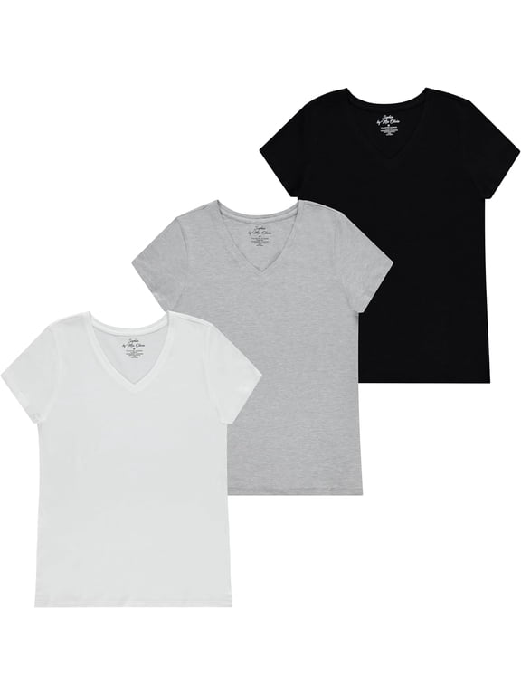 Women's Tailored Fit Short-Sleeve V-Neck T-Shirt, Pack of 3 Fashion Essential- Value Trio Versatile Styling Options for Professionals, Students and Moms. Black, White, Grey