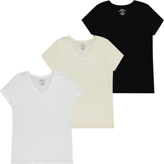 Sophia by Mia Olivia Women's Tailored Fit Short-Sleeve V-Neck T-Shirt, Pack of 3 Fashion Essential- Value Trio Versatile Styling Options for Professionals, Students and Moms -White, Beige, Olive.