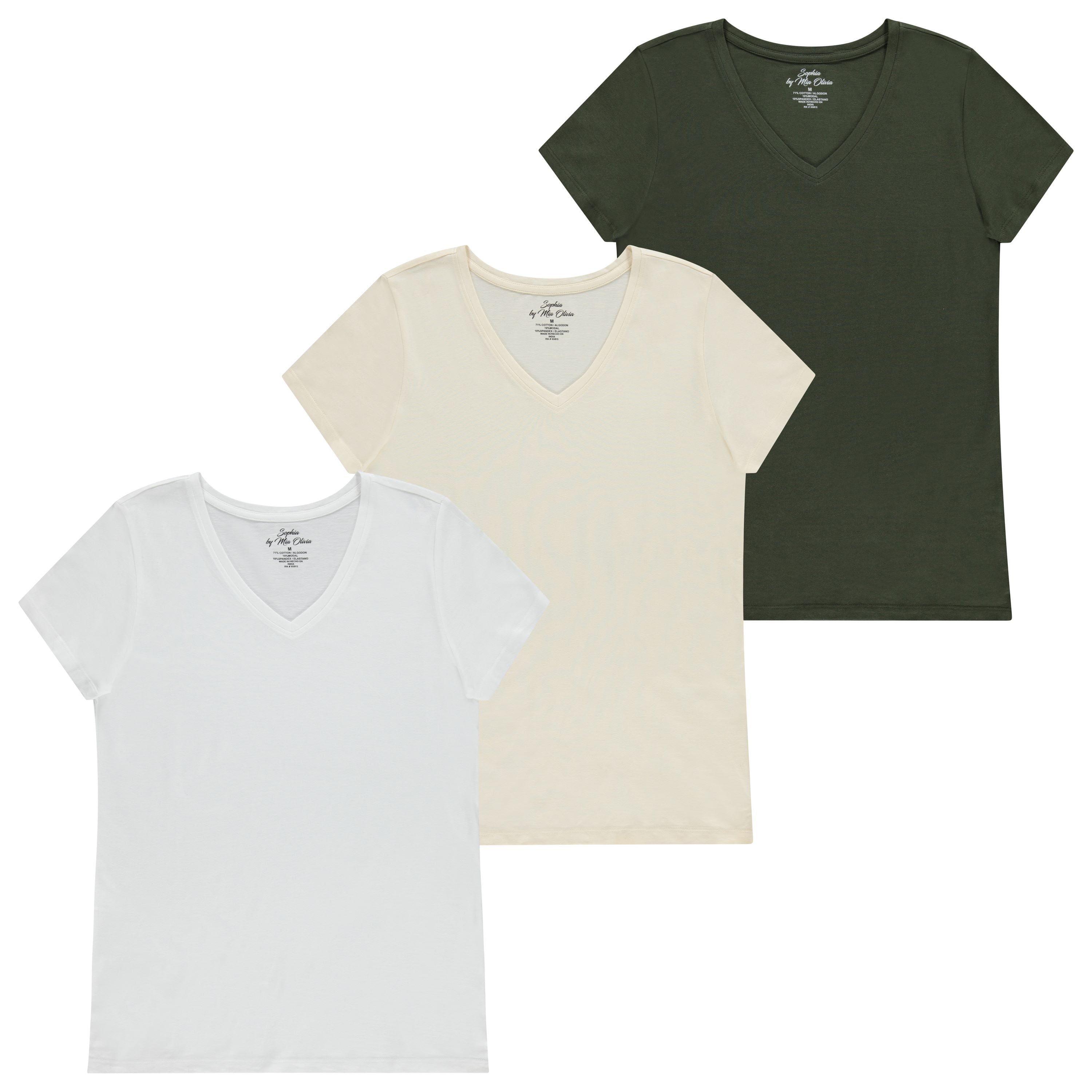 Women's Tailored Fit Short-Sleeve V-Neck T-Shirt, Pack of 3 Fashion Essential- Value Trio Versatile Styling Options for Professionals, Students and Moms -White, Beige, Olive.