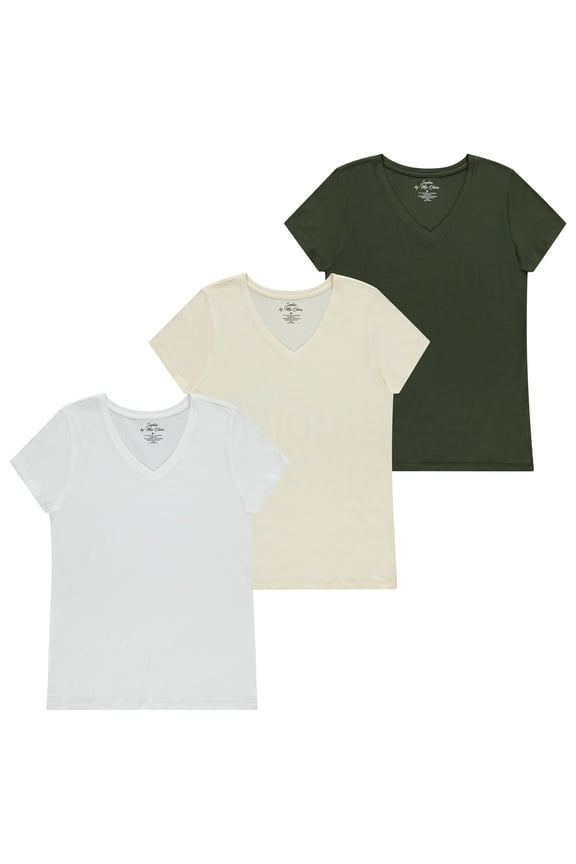 Women's Tailored Fit Short-Sleeve V-Neck T-Shirt, Pack of 3 Fashion Essential- Value Trio Versatile Styling Options for Professionals, Students and Moms -White, Beige, Olive.