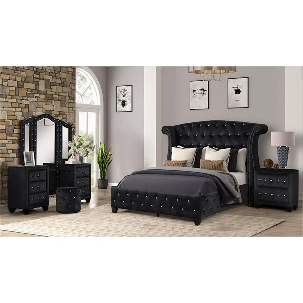Sophia Black Velvet Upholstered Queen Bedroom Set with Mirror and Nightstand