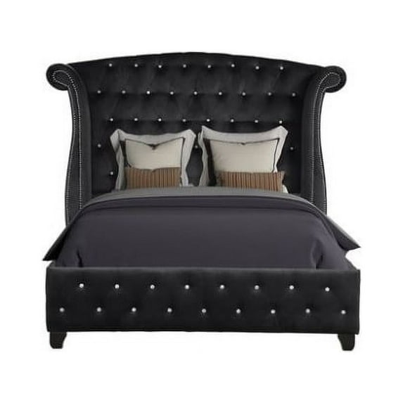 Sophia Queen Bed, Vintage Upholstered Bed Solid Wood Frame, Luxious Queen Size Platform Bed, Modern Wingback Top Luxury Premium Panel Bed Frame with Headboard, No Box Spring Needed, Black