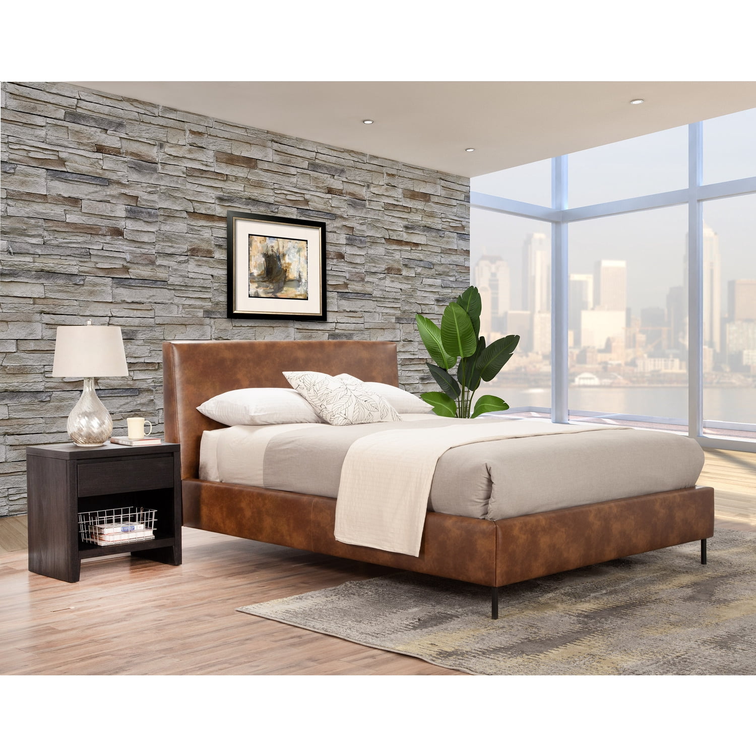 King size Dark Brown Faux Leather Upholstered Platform Bed with Headboard