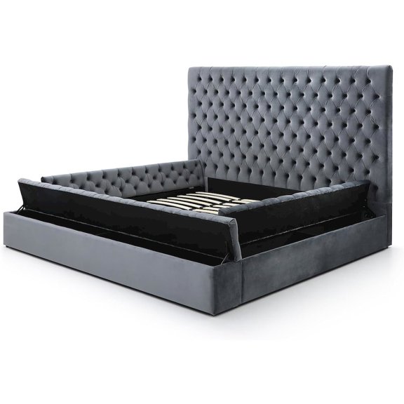 Woodpeckers Furniture and Mattress Velvet Platform Bed with Storage & Tufted Headboard - Queen Size Upholstered Bed Frame-Color:Gray