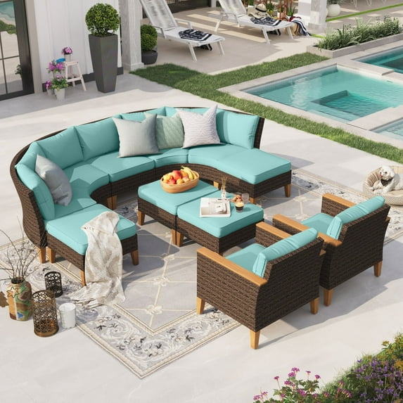 Sophia & William 10 Piece Outdoor Wicker Patio Conversation Sofa Set Outdoor Sectionals, Turquoise