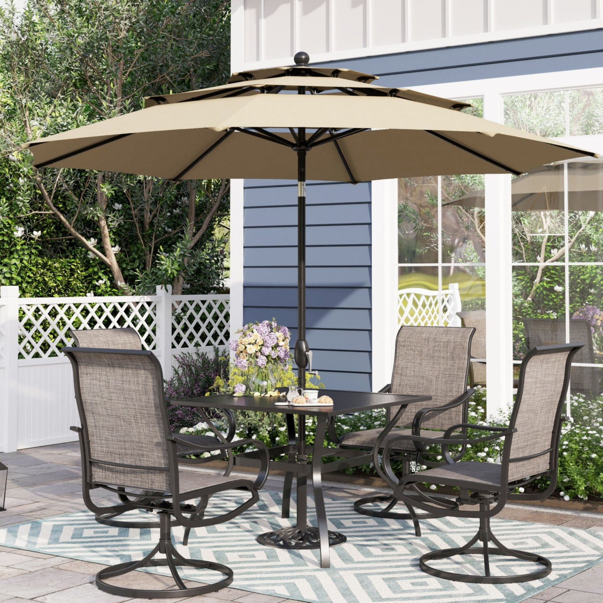 Alpha Joy 10ft 3 Tier Auto-Tilt Outdoor Patio Umbrella Beach Garden Double Vented Table Umbrella with Push Button and Crank, Beige