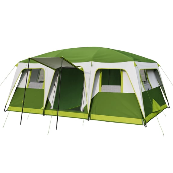 Sophia & William 12 Person Camping Tent 16x11FT All-Weather Large Family Cabin Tent with 3 Rooms and 6 Mesh Windows, Green