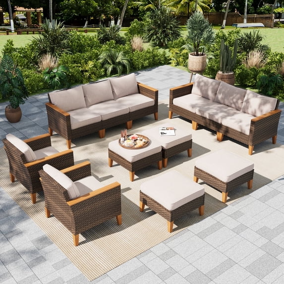 Sophia & William 12 Pieces Outdoor Wicker Patio Conversation Sofa Set Outdoor Sectionals, Beige