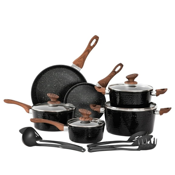 Sophia & William 15 Pieces Kitchen Nonstick Granite-Coated Cookware Set - Black