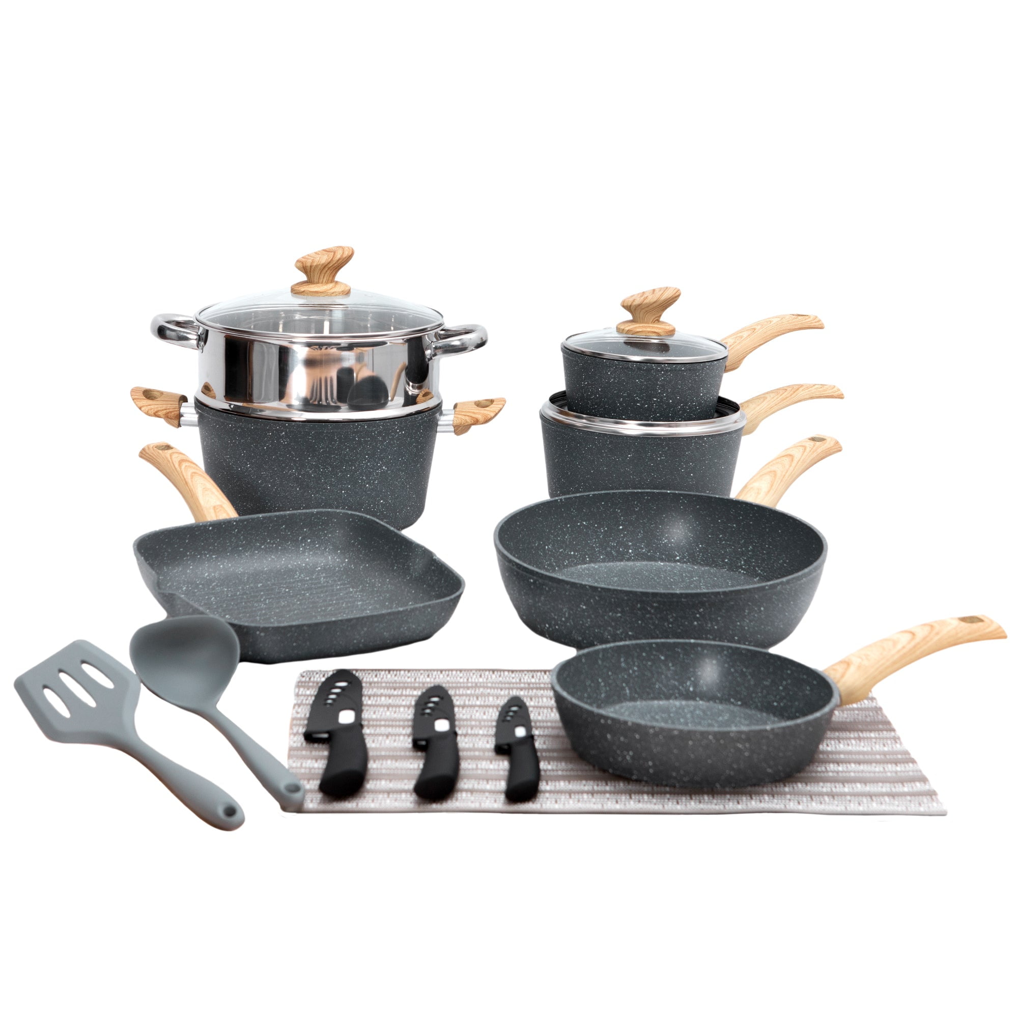 Granite Coating Grey Color Die-Cast Aluminum Cookware Set Wooden Soft Touch  Handle Silicone Lid Pots and Pans for Cooking with Induction Bottom - China  Cookware and Casserole price