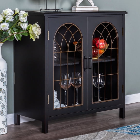 Alpha Joy 2-Door Accent Cabinet, Vintage Storage Cabinet in Church Window Design for Entryway, Dining Room, Black