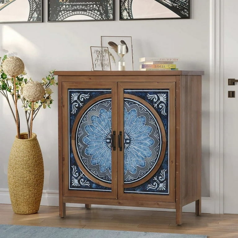 Alpha Joy Particle Board Iron Door Blue and White Porcelain 2 Door Accent