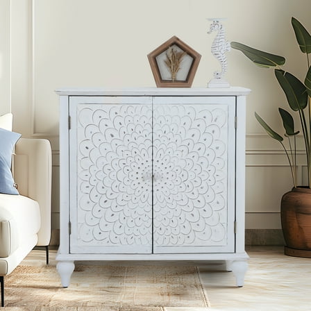 Sophia & William 2-Door Retro Storage Cabinet with Carved Finch Feather Pattern, White