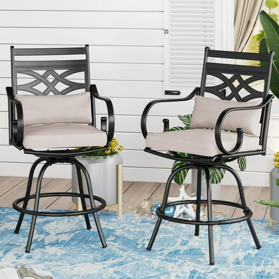 Veransa Vista 2 Piece Patio Outdoor Swivel Bar Stools Metal Counter Height Chairs with Cushions