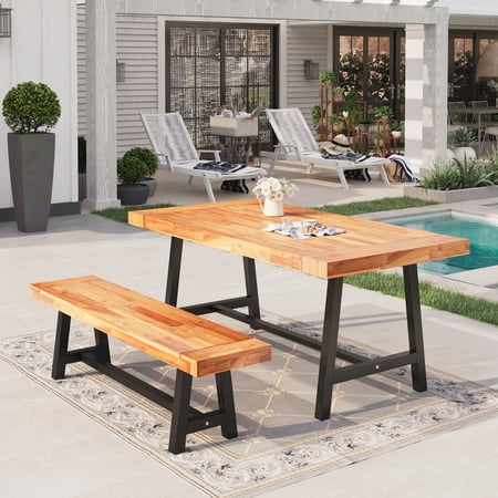 Sophia & William 2 Pieces Outdoor Patio Dining Set Acacia Wood Table and Bench Set