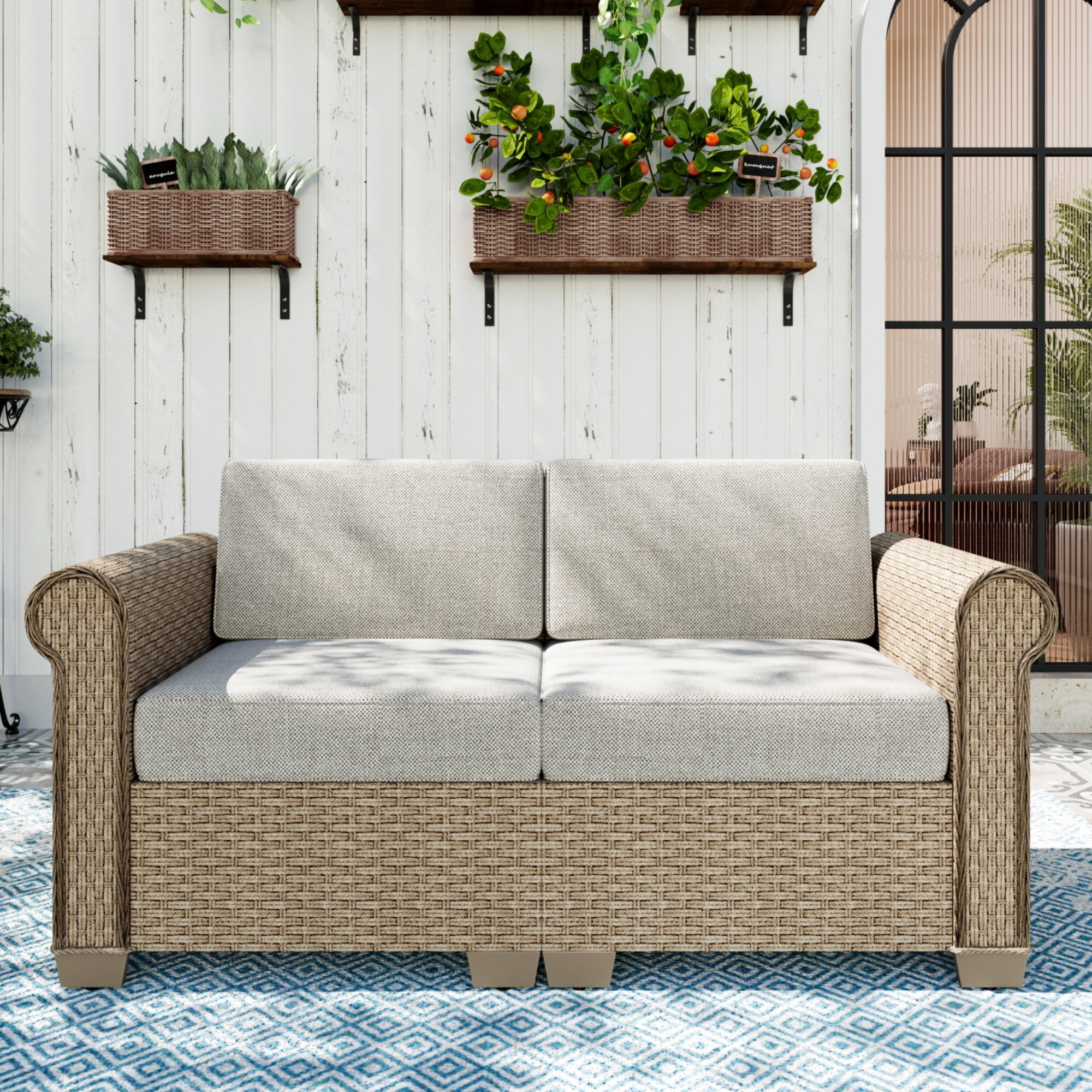 Sophia & William 2 Pieces Wicker Outdoor Patio Sofa Conversation Set with Beige Cushions and Steel Frame