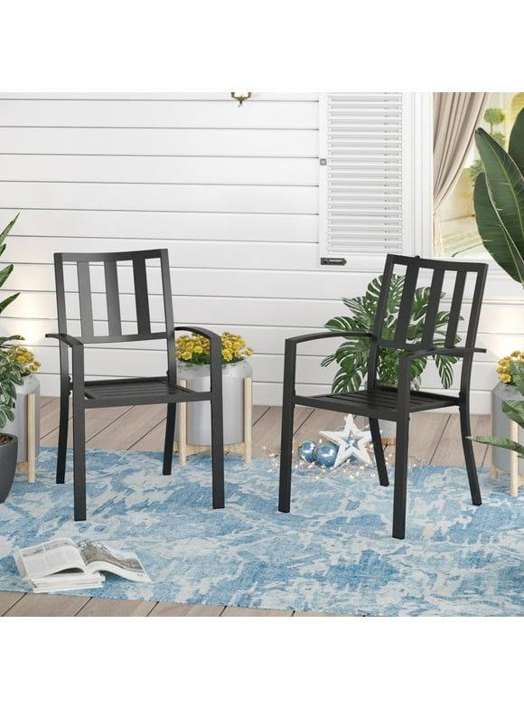 Sophia & William 2PCS Outdoor Patio Metal Dining Seating Chairs Iron Stackable Chair with Armrest, Black