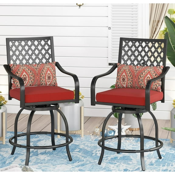 Sophia & William 2PCS Outdoor Patio Outdoor Swivel Bar Stools Metal Height Chairs with Red Cushions Furniture Set